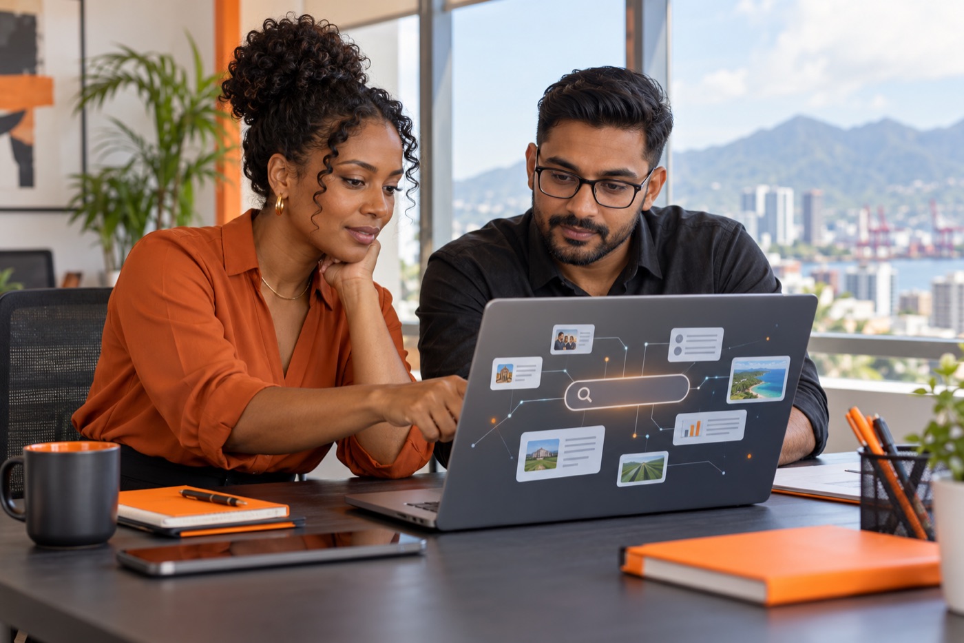 Caribbean business colleagues reviewing an abstract search interface on a laptop