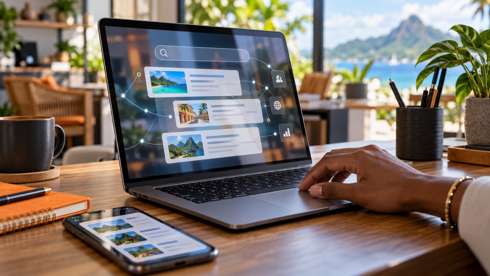 Laptop and smartphone displaying abstract search results on a Caribbean office desk