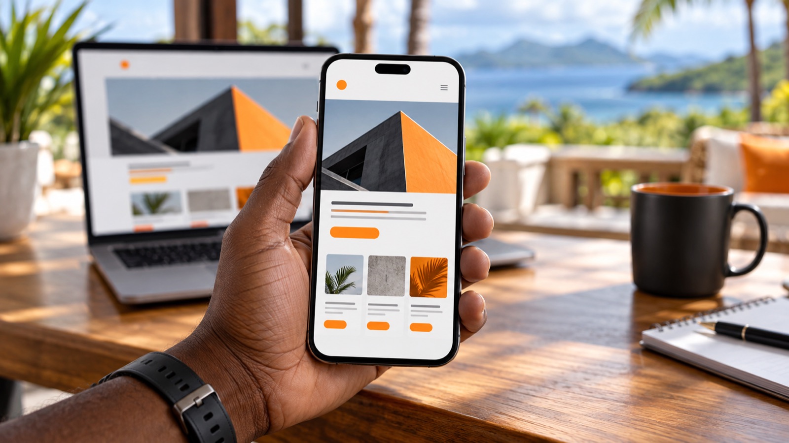 Hand holding a smartphone with an orange-accented website, with a laptop behind it