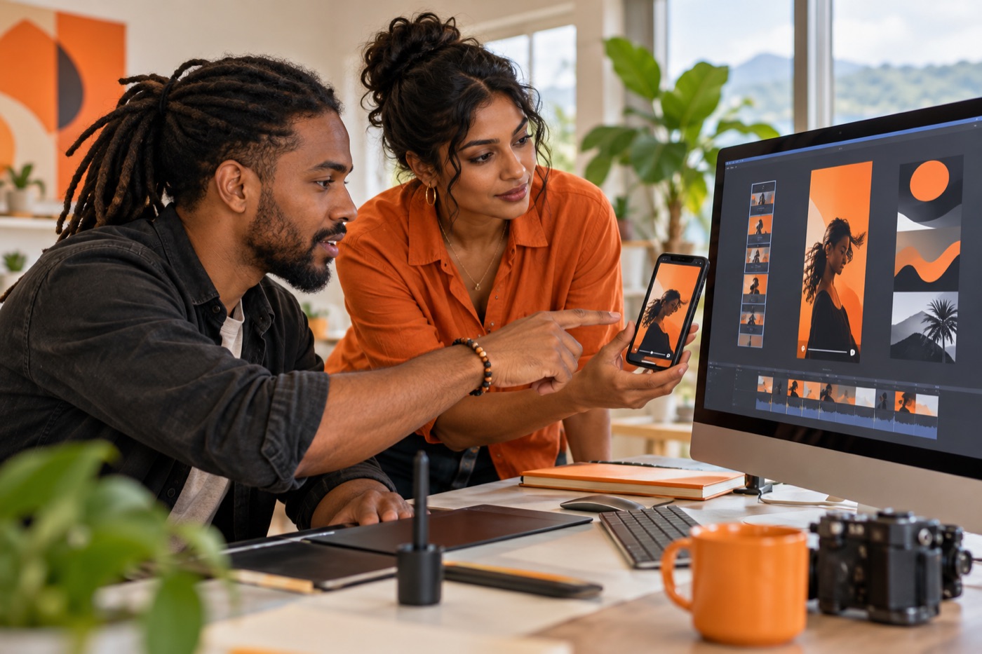 Caribbean creative professionals reviewing vertical video and orange motion graphics