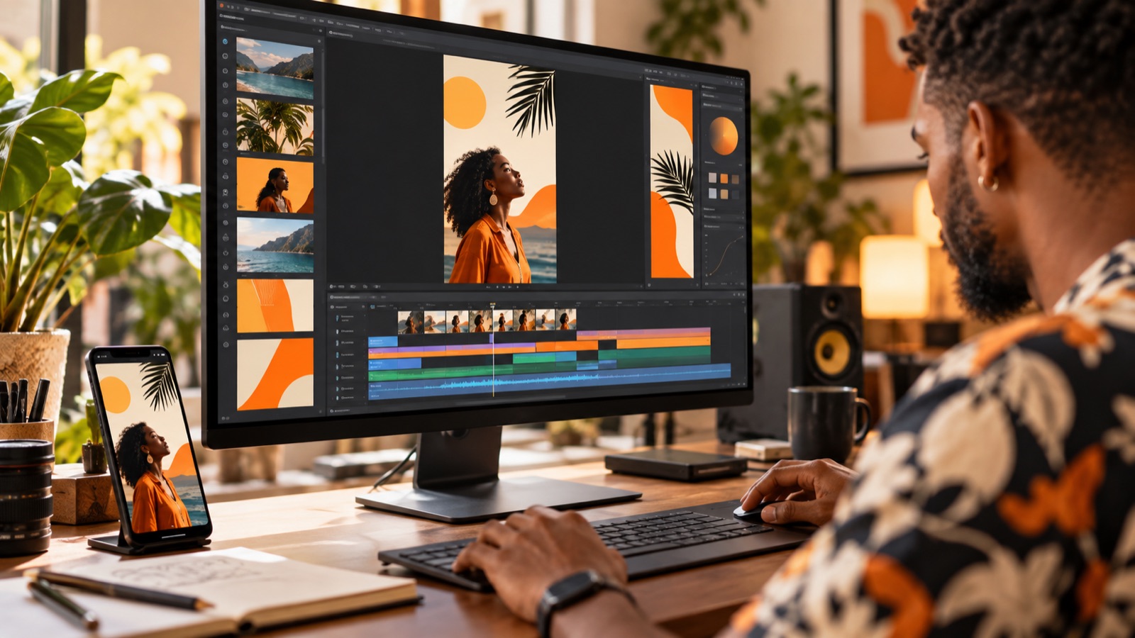 Creative designer editing orange motion graphics and a vertical video on a studio monitor